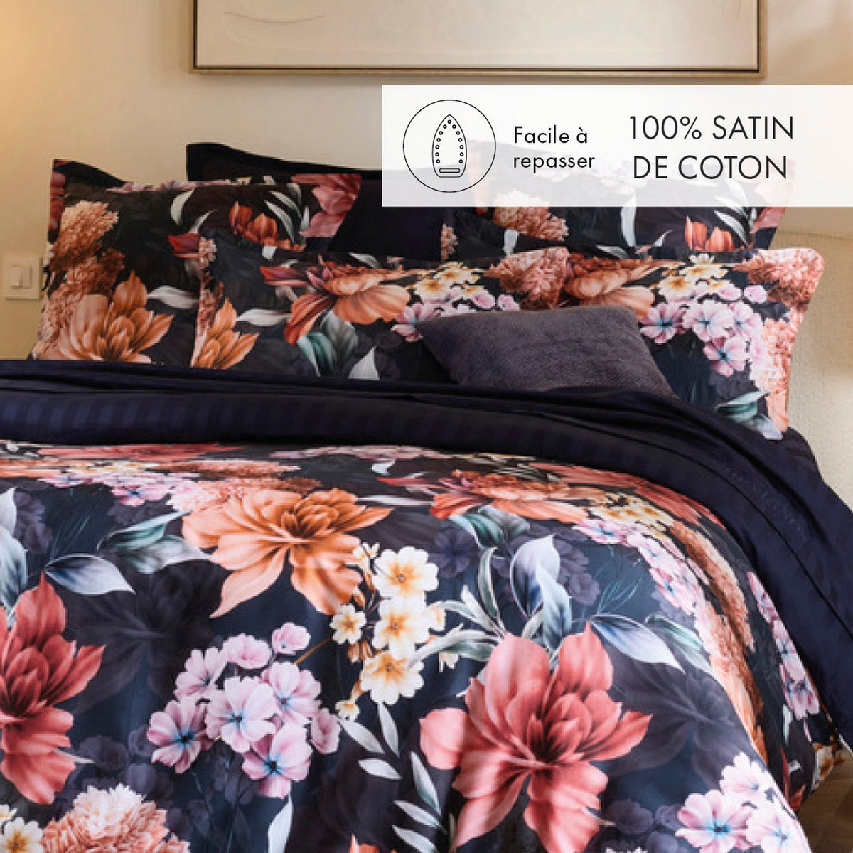 Set di 2 federe in raso di cotone - Blu scuro - Scintilla di caramello