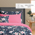 Set De 2 Taies D'Oreiller Satin De Coton - Bleu Foncé / Rose - Jardin Rêveur
