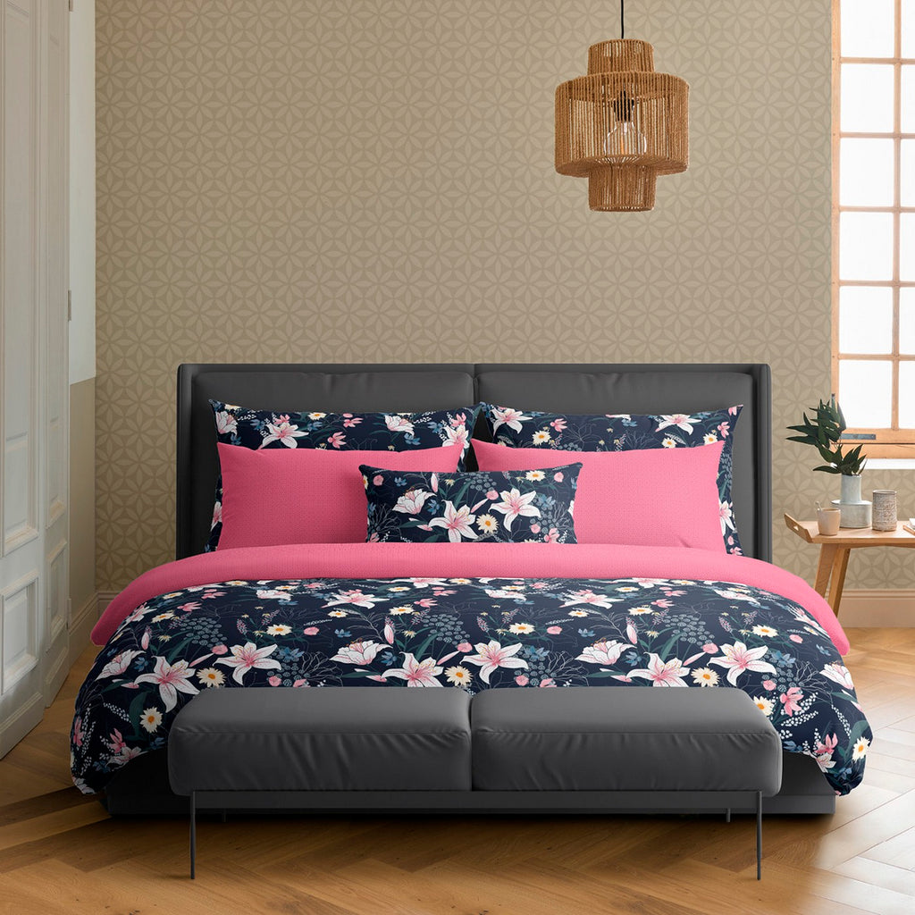 Set De 2 Taies D'Oreiller Satin De Coton - Bleu Foncé / Rose - Jardin Rêveur