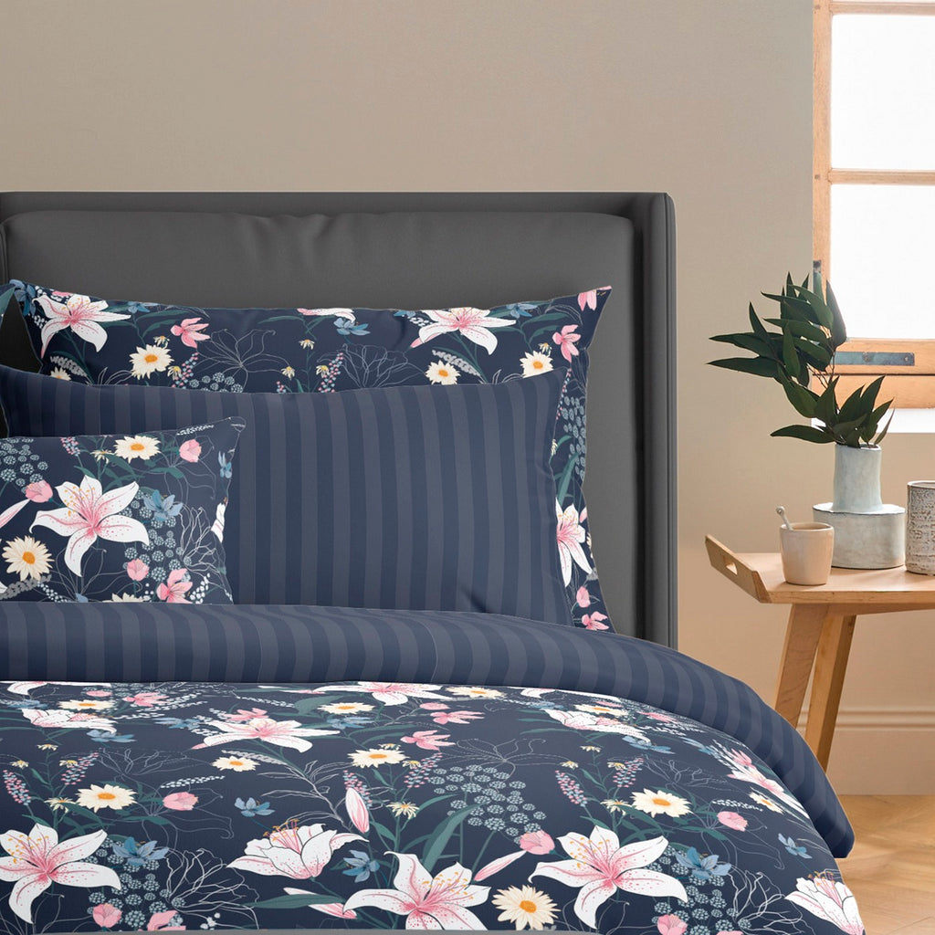 Housse De Couette + Taies D'Oreiller Satin De Coton - Bleu Foncé - Jardin Rêveur