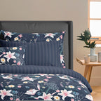 Housse De Couette + Taies D'Oreiller Satin De Coton - Bleu Foncé - Jardin Rêveur