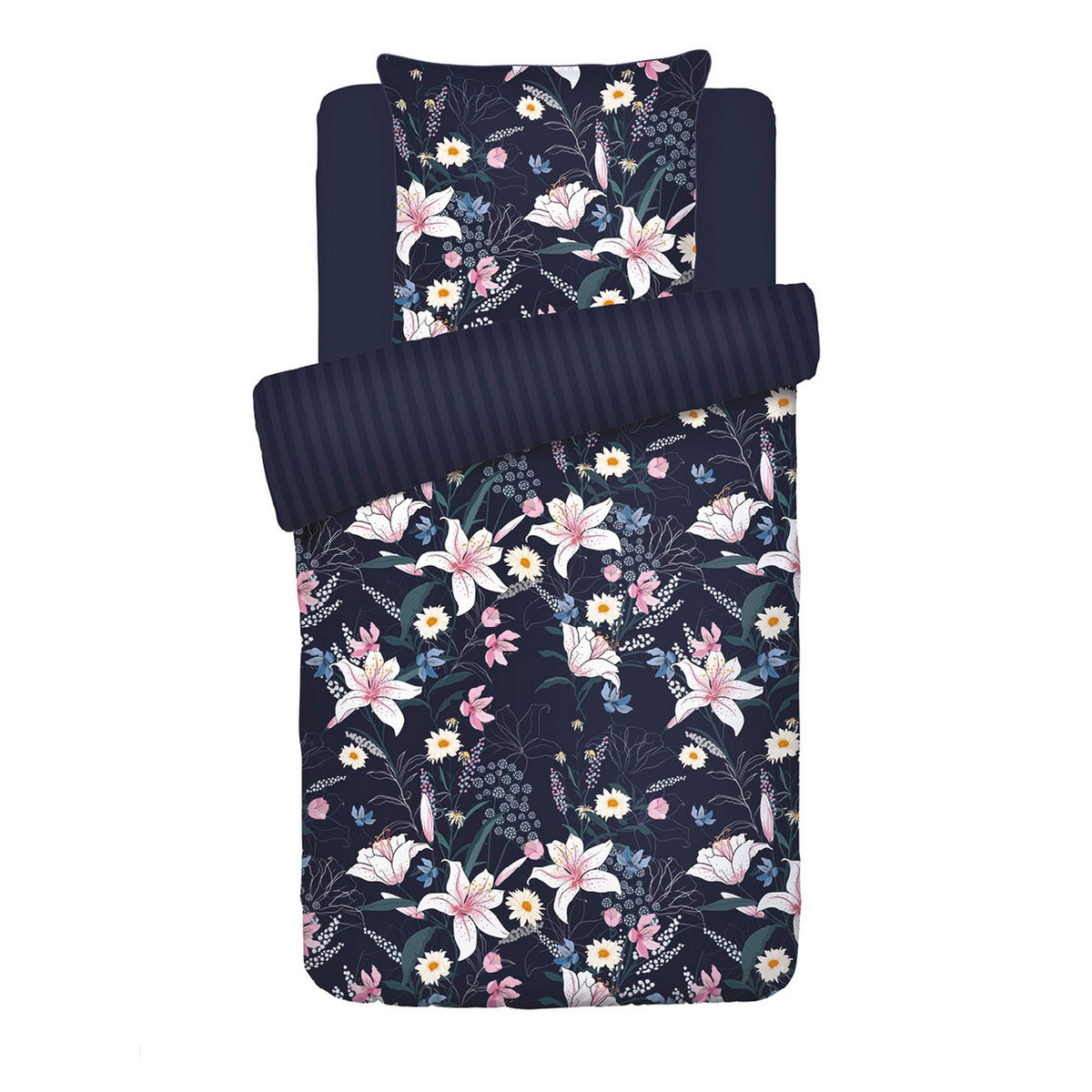 Housse De Couette + Taies D'Oreiller Satin De Coton - Bleu Foncé - Jardin Rêveur