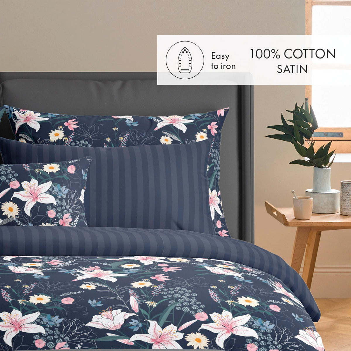 Set De 2 Taies D'Oreiller Satin De Coton - Bleu Foncé - Jardin Rêveur