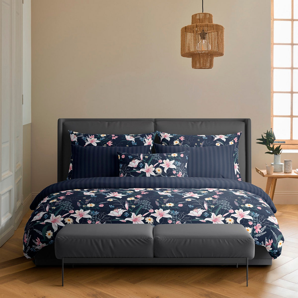 Set De 2 Taies D'Oreiller Satin De Coton - Bleu Foncé - Jardin Rêveur