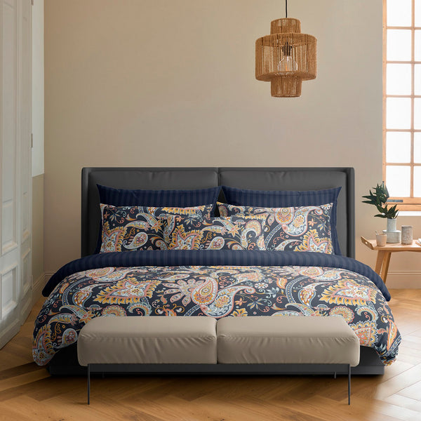 Set di 2 federe in raso di cotone - Blu scuro / Dorato - Boteh