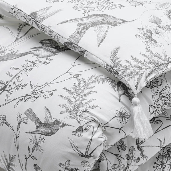 Eiderdown With Tassels - Black Grey - Botanical Hummingbird