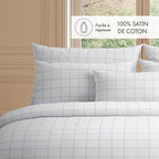Set De 2 Taies D'Oreiller Satin De Coton - Blanc / Taupe - Grands Carreaux
