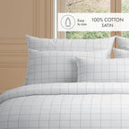 Set De 2 Taies D'Oreiller Satin De Coton - Blanc / Taupe - Grands Carreaux