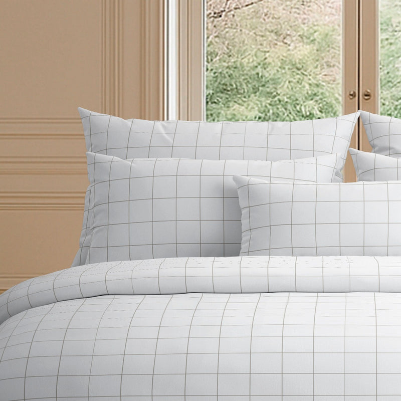Set Of 2 Cotton Satin Pillowcases - White / Taupe - Large Checks