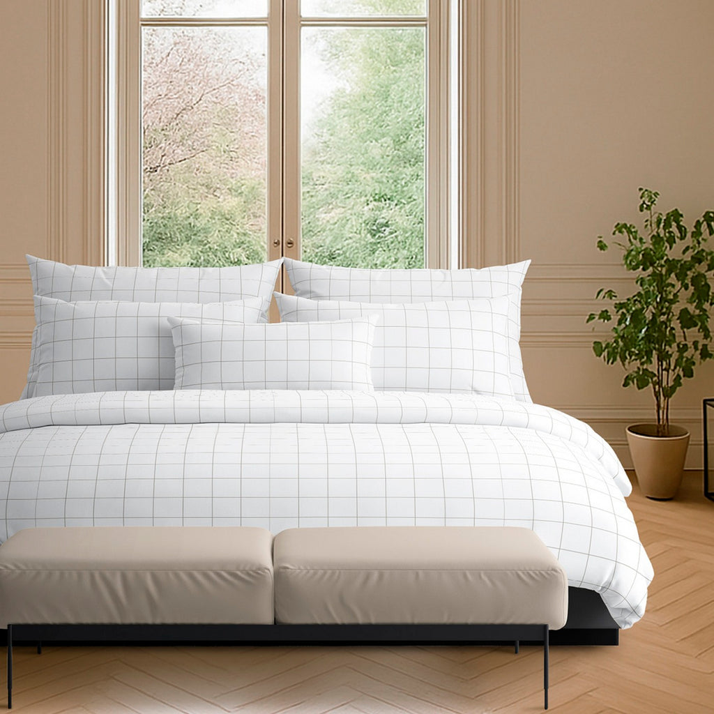 Set De 2 Taies D'Oreiller Satin De Coton - Blanc / Taupe - Grands Carreaux