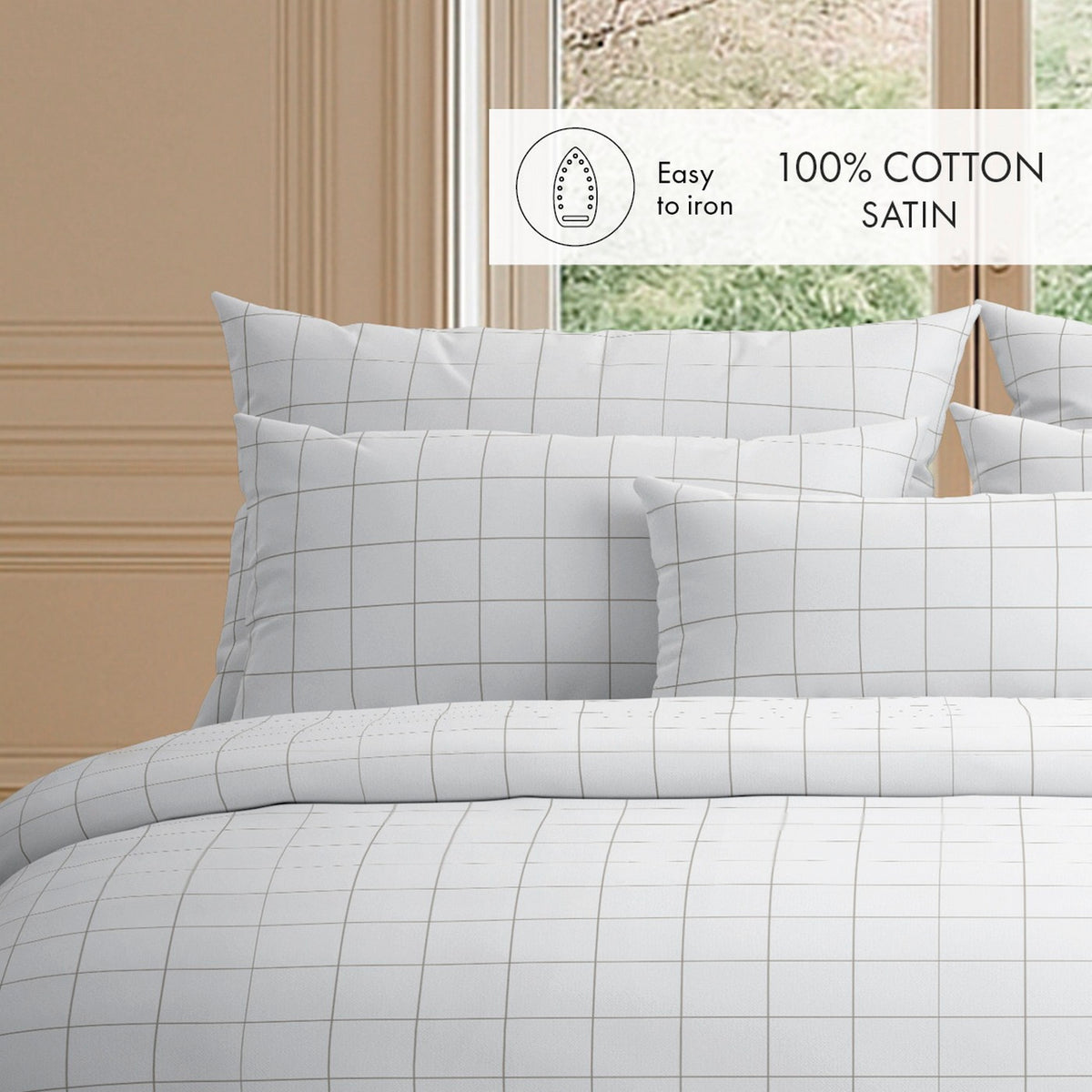 Duvet Cover + Pillowcases Cotton Satin - White / Taupe - Large Checks