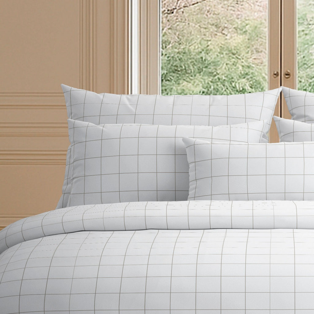 Duvet Cover + Pillowcases Cotton Satin - White / Taupe - Large Checks
