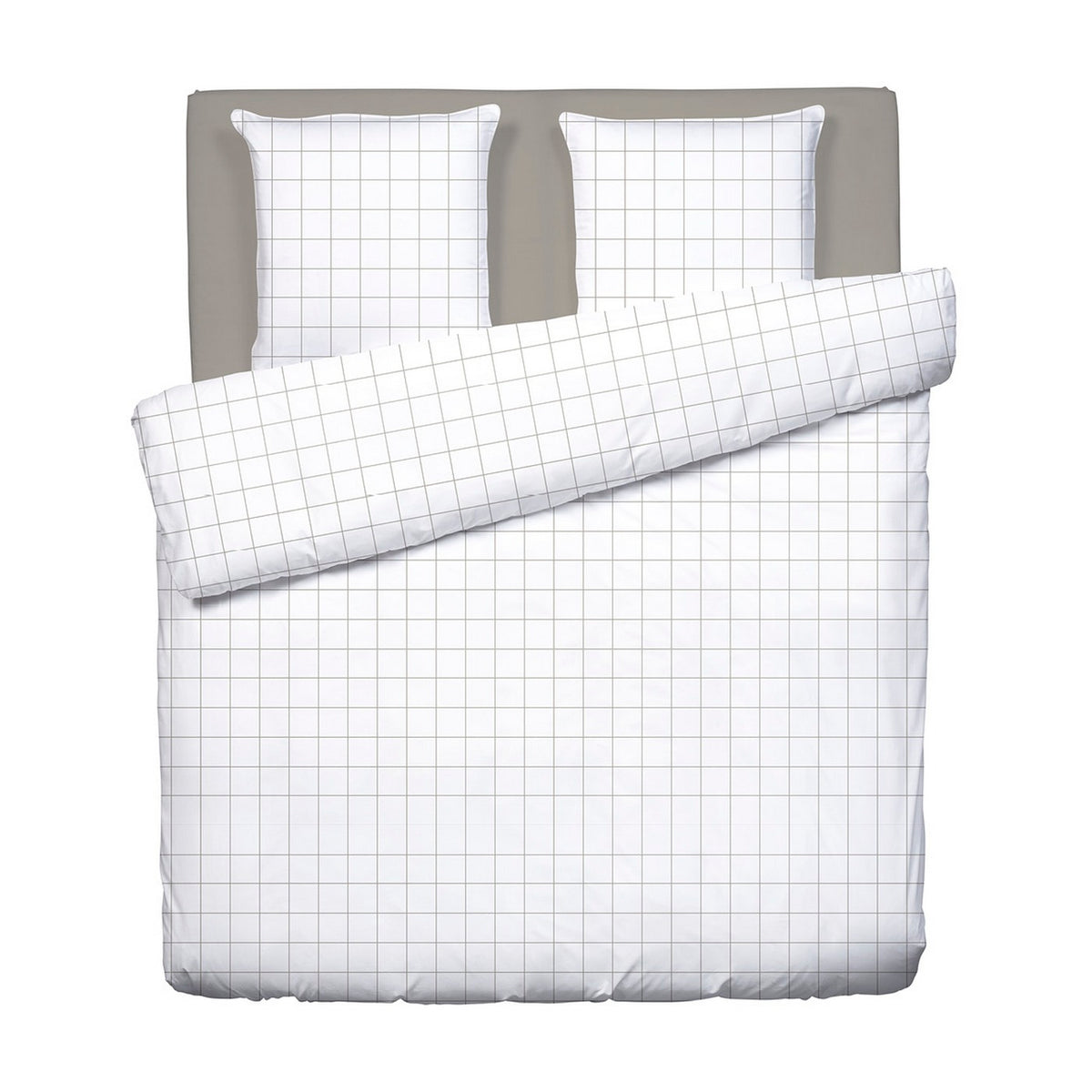 Duvet Cover + Pillowcases Cotton Satin - White / Taupe - Large Checks