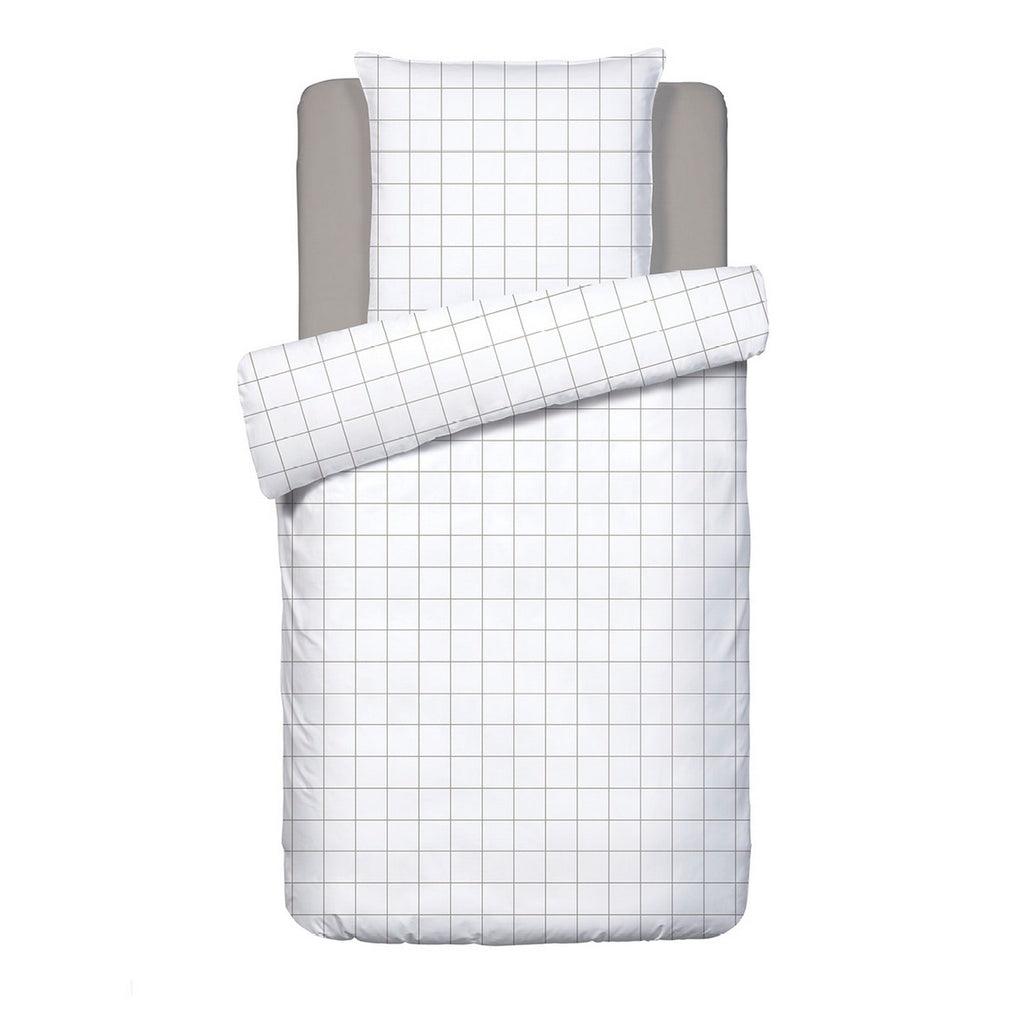Duvet Cover + Pillowcases Cotton Satin - White / Taupe - Large Checks