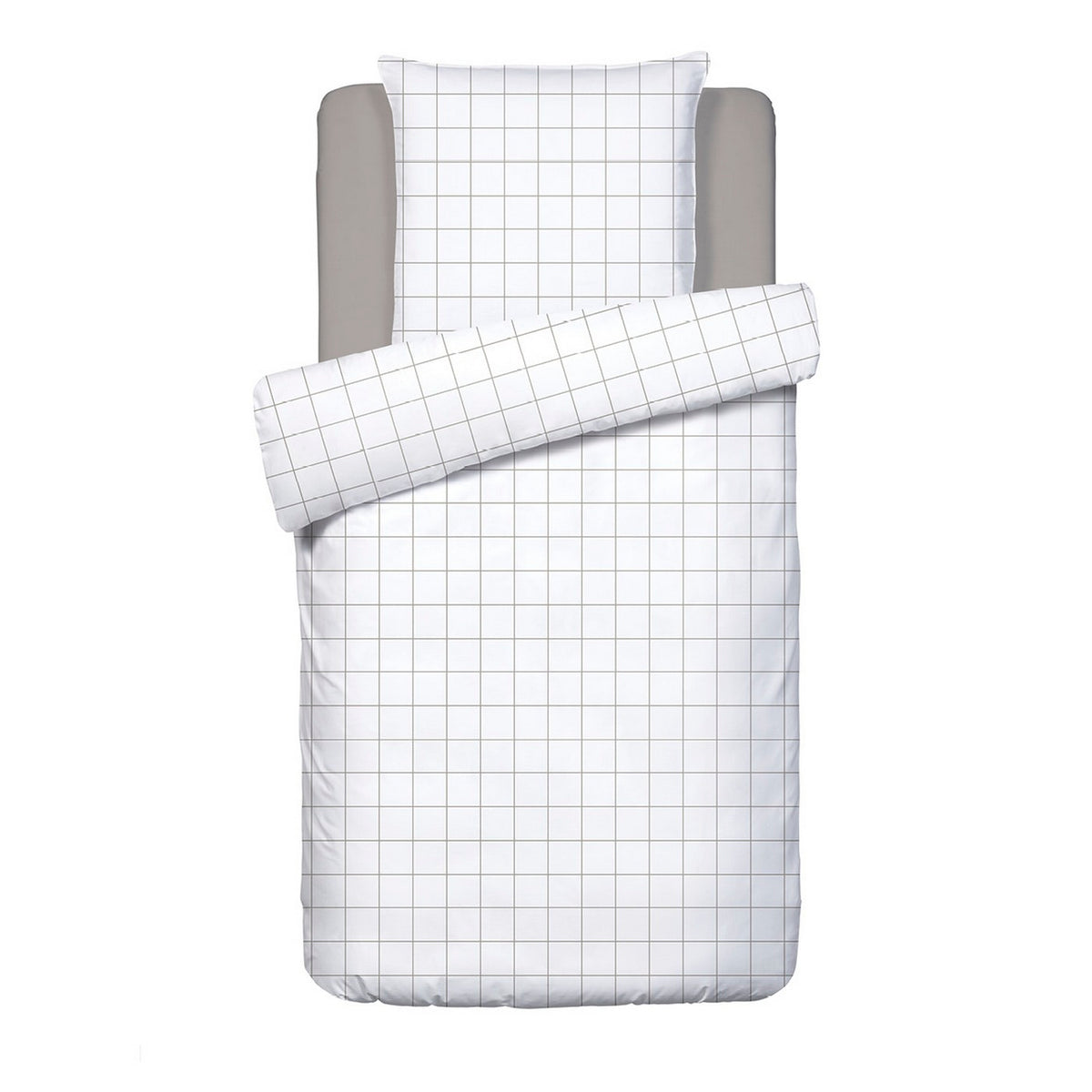 Duvet Cover + Pillowcases Cotton Satin - White / Taupe - Large Checks
