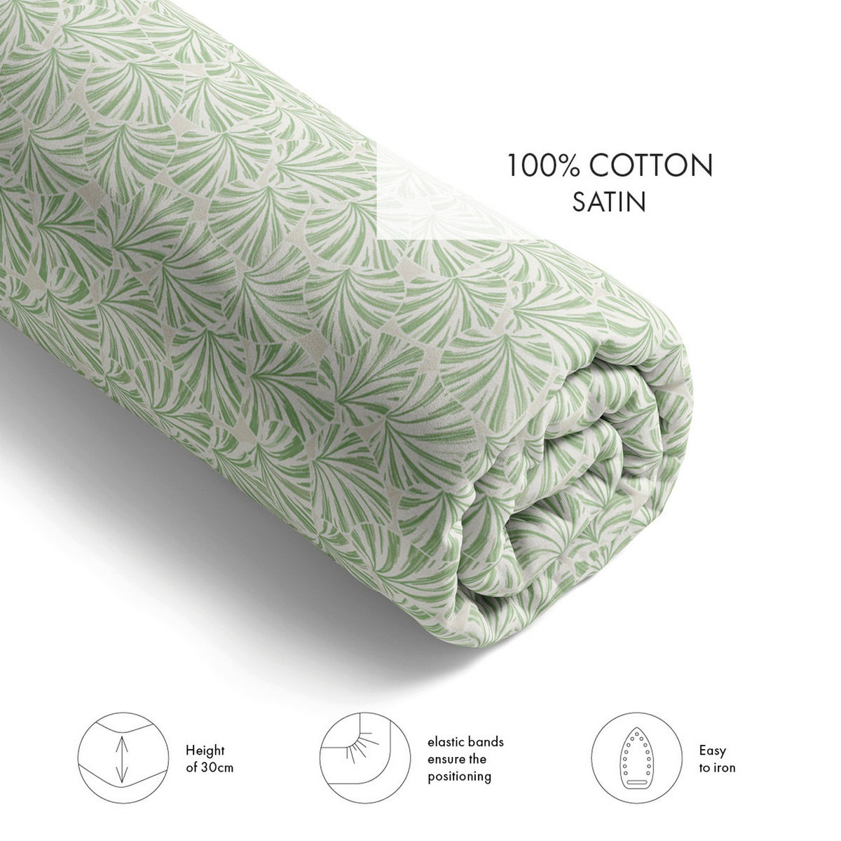 Drap-Housse Satin De Coton - Vert - Feuilles De Coeur