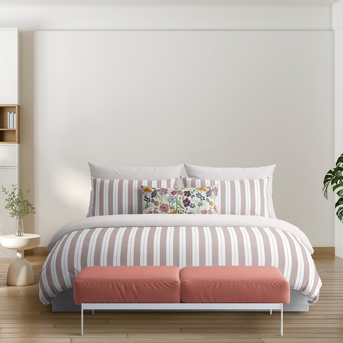 Lenzuolo Con Angoli In Raso Di Cotone - Rosa Antico - Righe Sottili