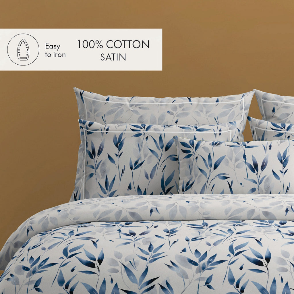 Housse De Couette + Taies D'Oreiller Satin De Coton - Blanc - Eclat Bleu