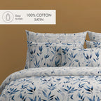 Housse De Couette + Taies D'Oreiller Satin De Coton - Blanc - Eclat Bleu