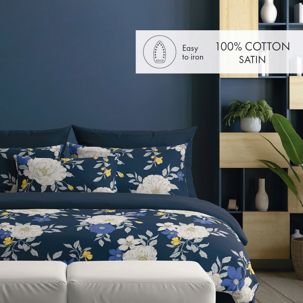 Housse De Couette + Taies D'Oreiller Satin De Coton - Bleu Foncé - Nuit Fleurie