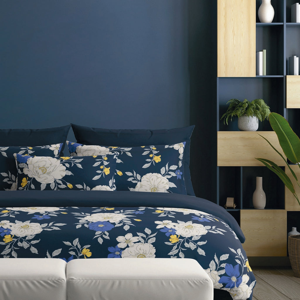 Housse De Couette + Taies D'Oreiller Satin De Coton - Bleu Foncé - Nuit Fleurie