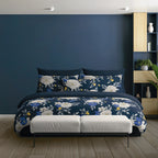 Housse De Couette + Taies D'Oreiller Satin De Coton - Bleu Foncé - Nuit Fleurie