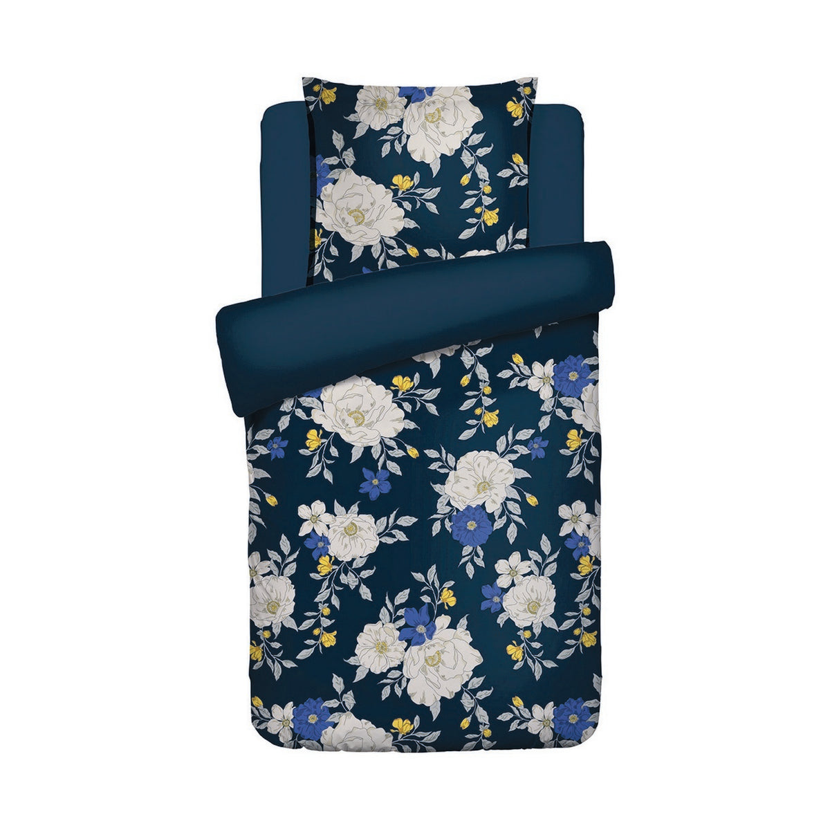Housse De Couette + Taies D'Oreiller Satin De Coton - Bleu Foncé - Nuit Fleurie