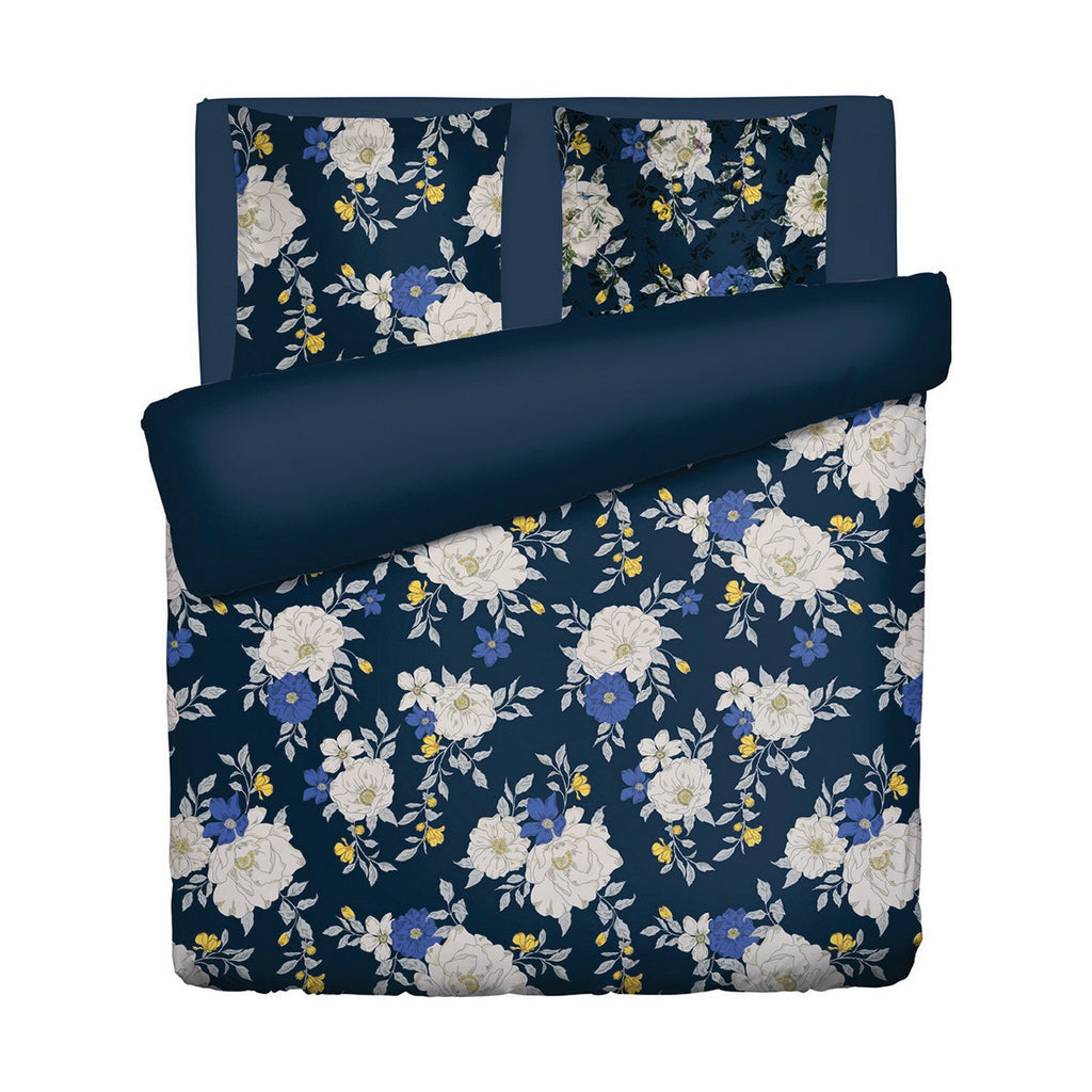 Housse De Couette + Taies D'Oreiller Satin De Coton - Bleu Foncé - Nuit Fleurie