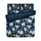 Housse De Couette + Taies D'Oreiller Satin De Coton - Bleu Foncé - Nuit Fleurie
