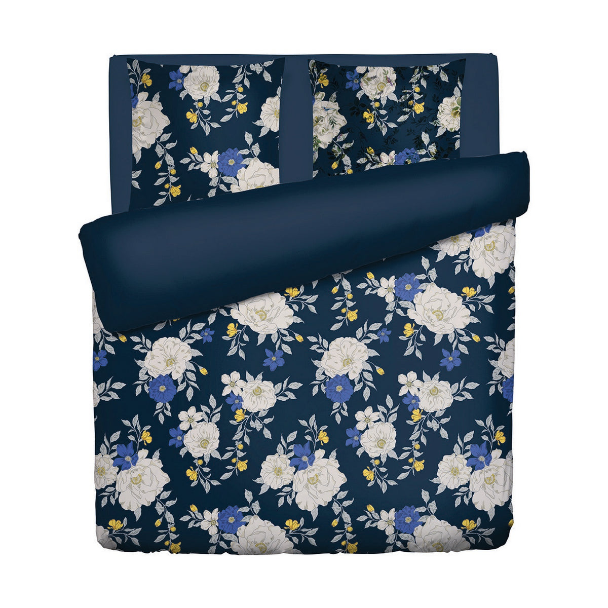 Housse De Couette + Taies D'Oreiller Satin De Coton - Bleu Foncé - Nuit Fleurie