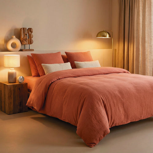 Housse De Couette + Taies D'Oreiller Gaze De Coton - Terracotta 02 - Uni