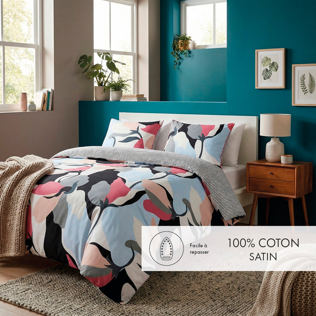 Taie D'Oreiller Satin De Coton - Blanc Et Noir - Bandes Artistiques / Poésie Florale