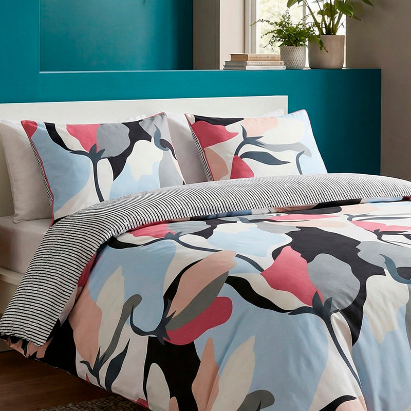 Funda de almohada de satén de algodón - Blanco y negro - Rayas artísticas / Poesía floral