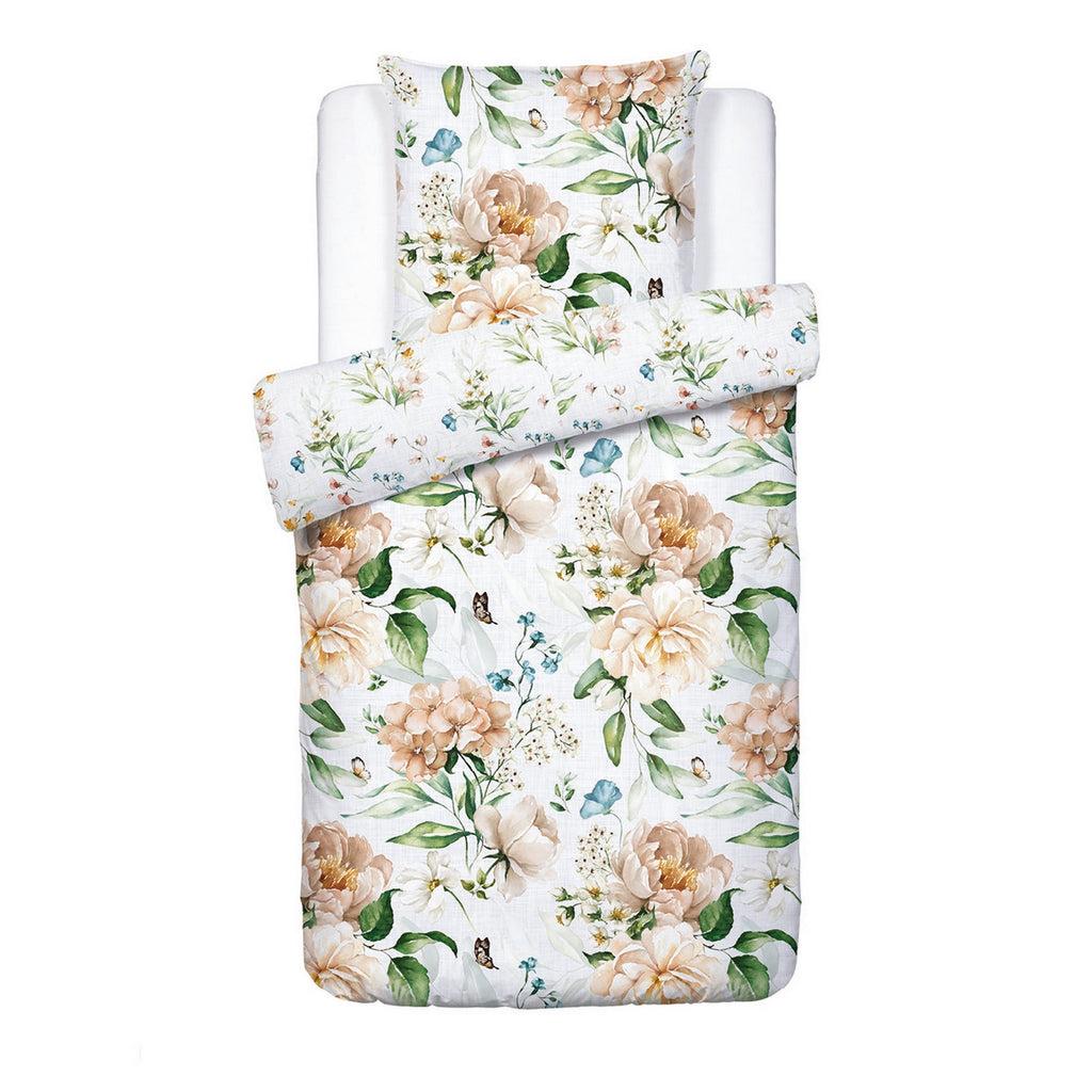 Copripiumino + Federe In Raso Di Cotone - Bianco - Giardino Di Fiori