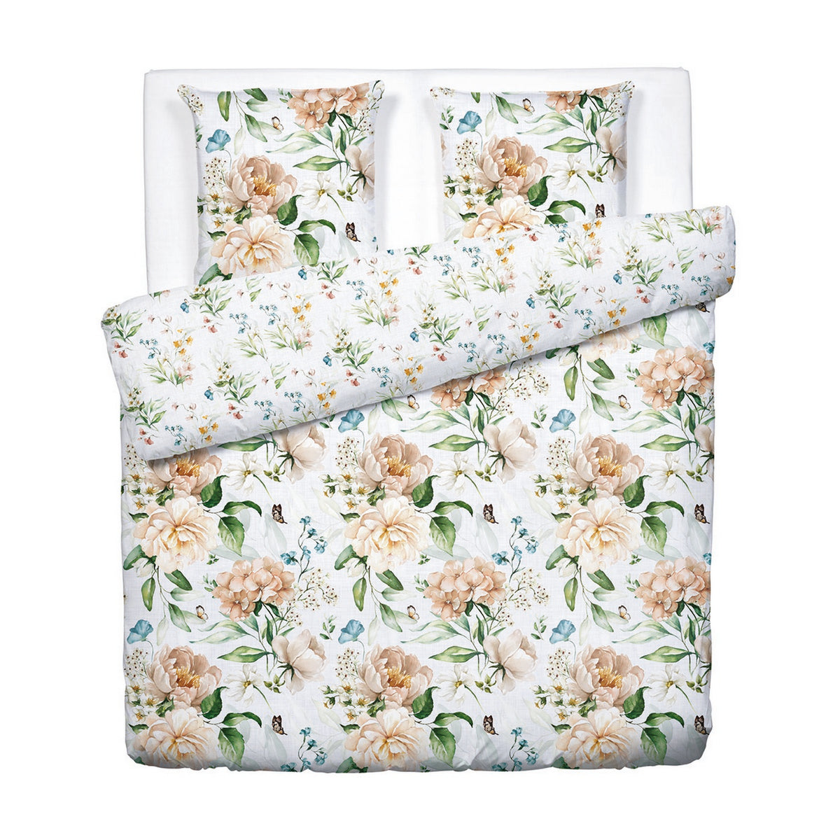 Copripiumino + Federe In Raso Di Cotone - Bianco - Giardino Di Fiori