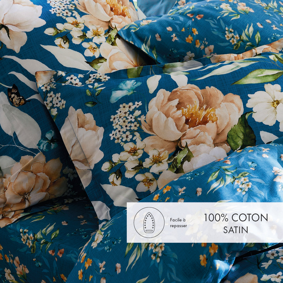 Set De 2 Taies D'Oreiller Satin De Coton - Bleu - Jardin De Fleurs