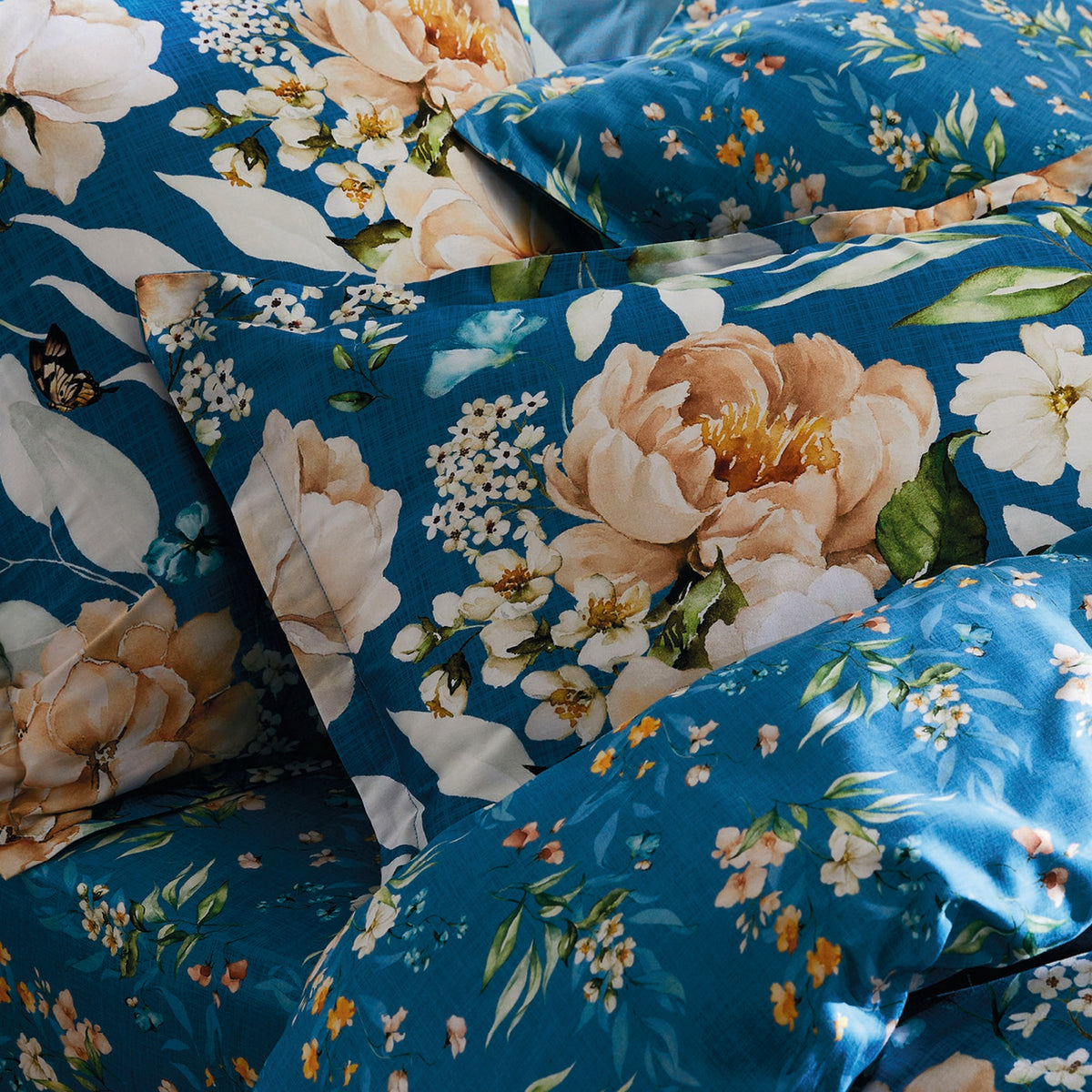 Set De 2 Taies D'Oreiller Satin De Coton - Bleu - Jardin De Fleurs