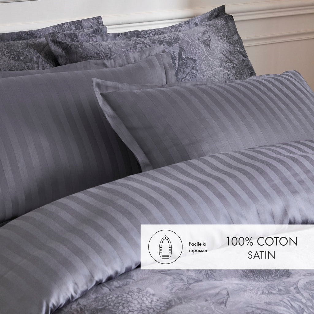 Duvet Cover + Pillowcases Cotton Satin - Dark Gray - Floral Canvas
