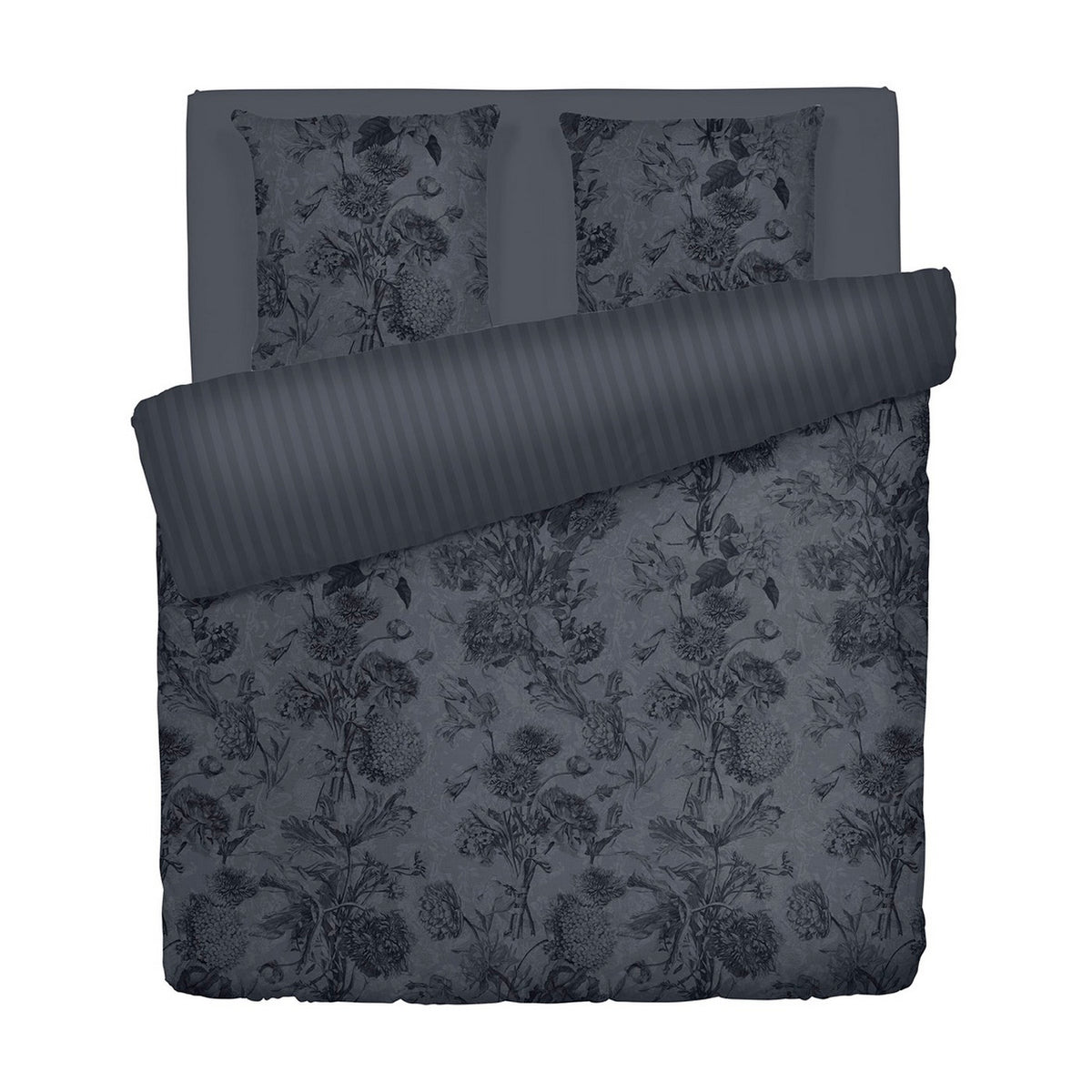 Duvet Cover + Pillowcases Cotton Satin - Dark Gray - Floral Canvas