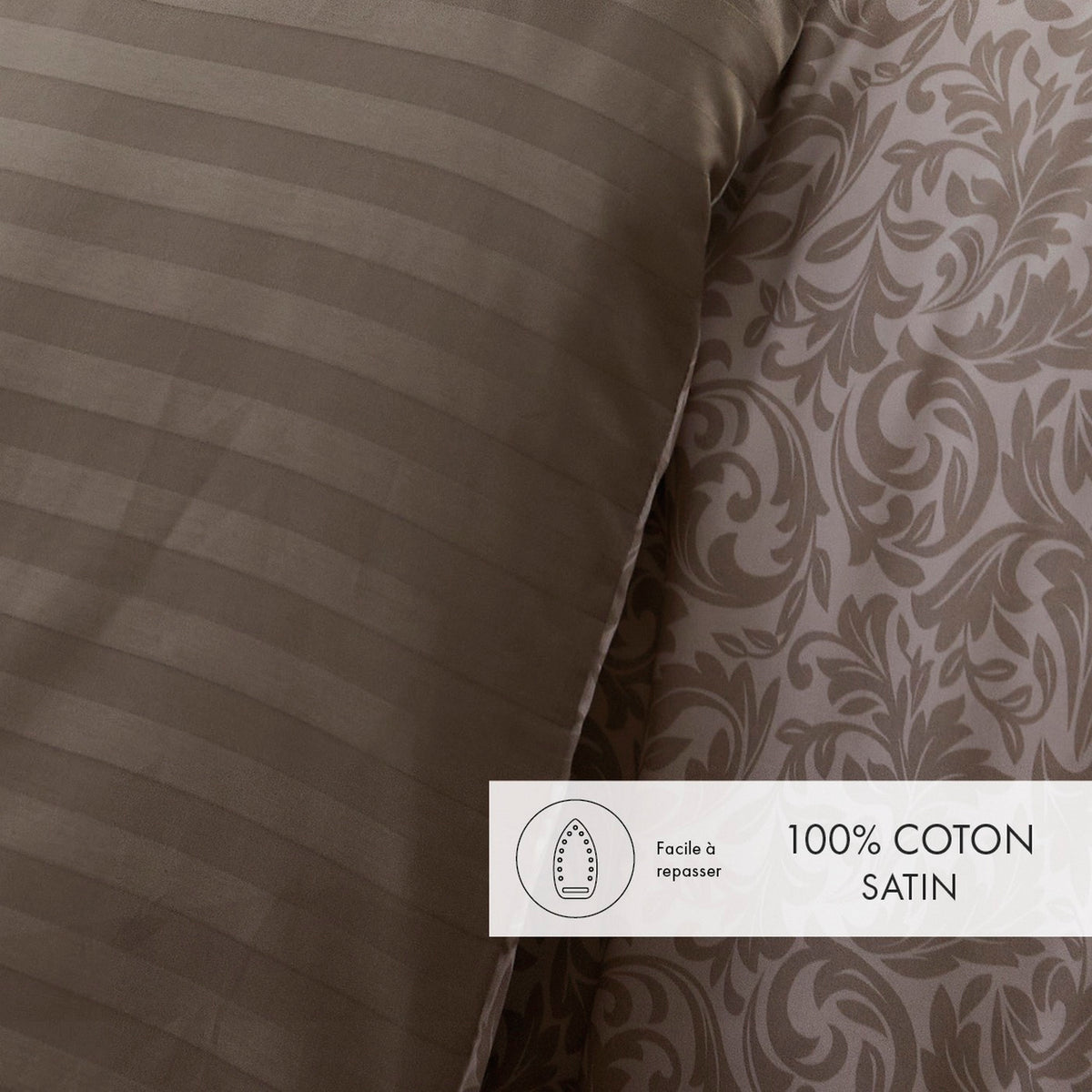 Duvet Cover + Pillowcases Cotton Satin - Taupe - Damask Floralia