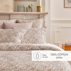 Housse De Couette + Taies D'Oreiller Satin De Coton - Blanc / Taupe - Parterre De Roses