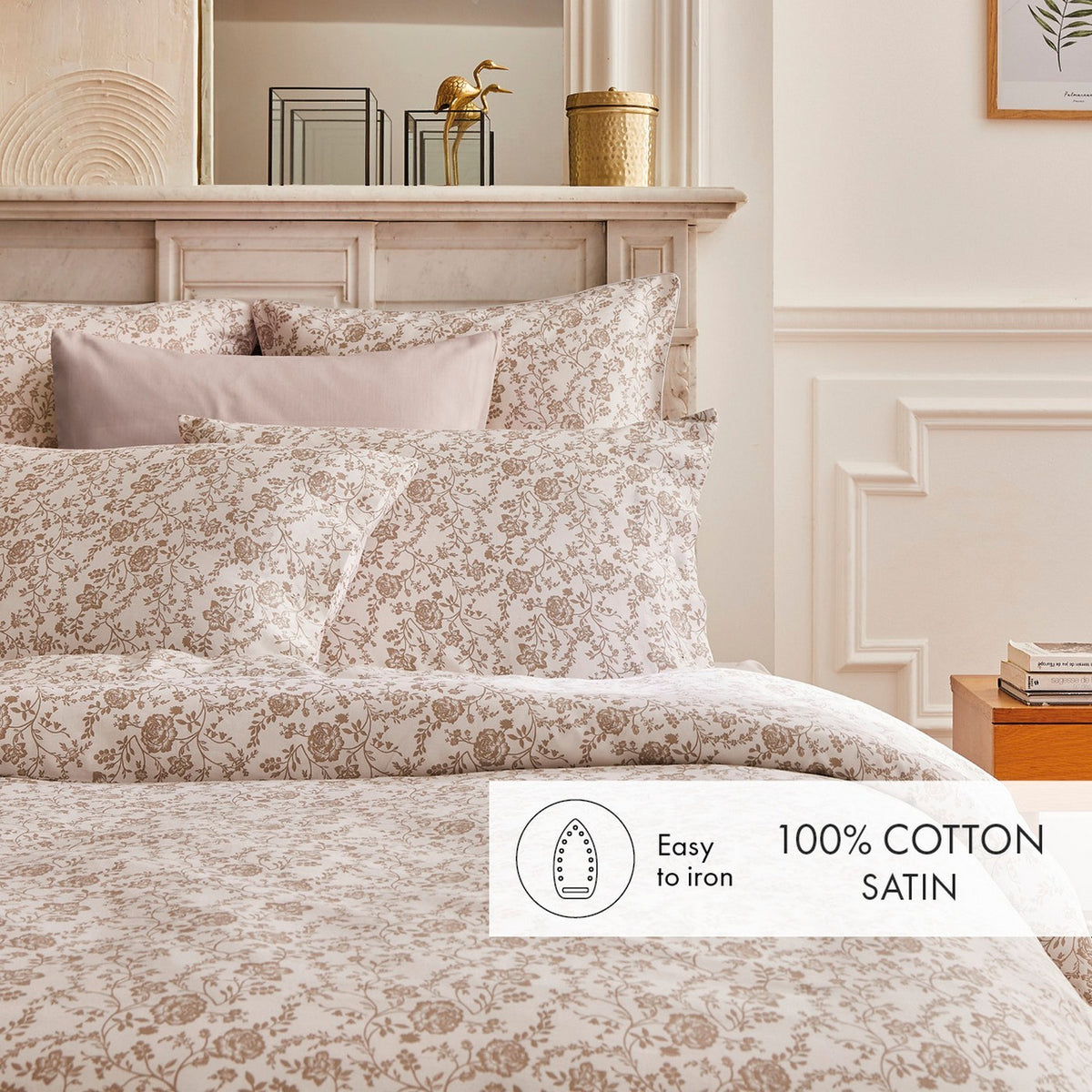 Housse De Couette + Taies D'Oreiller Satin De Coton - Blanc / Taupe - Parterre De Roses