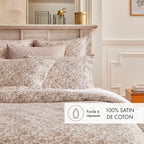 Housse De Couette + Taies D'Oreiller Satin De Coton - Blanc / Taupe - Parterre De Roses