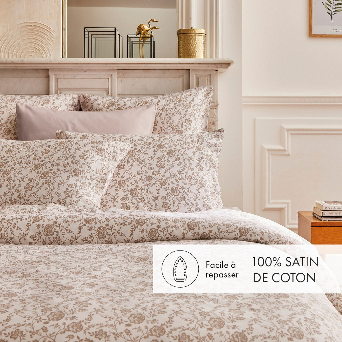 Housse De Couette + Taies D'Oreiller Satin De Coton - Blanc / Taupe - Parterre De Roses