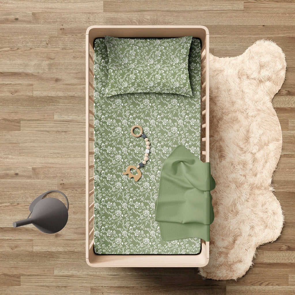 Cotton Sateen Baby Duvet Cover + Pillowcases - Green - Parterre De Roses