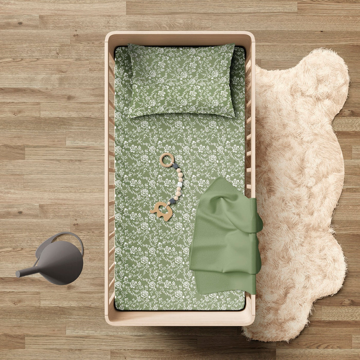 Cotton Sateen Baby Duvet Cover + Pillowcases - Green - Parterre De Roses
