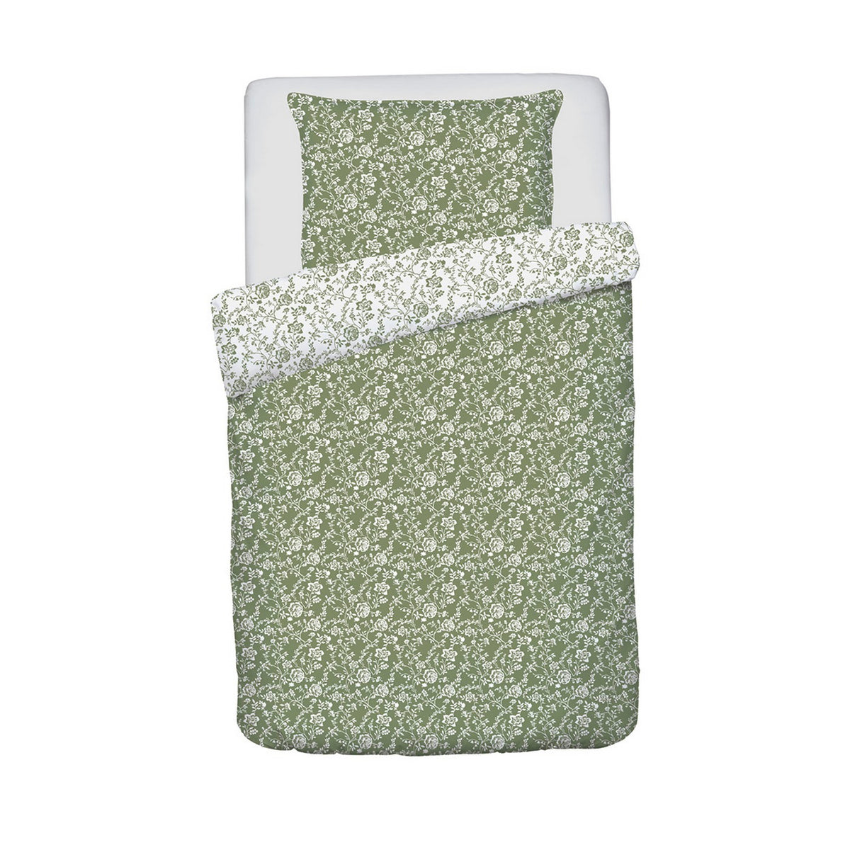 Cotton Sateen Baby Duvet Cover + Pillowcases - Green - Parterre De Roses