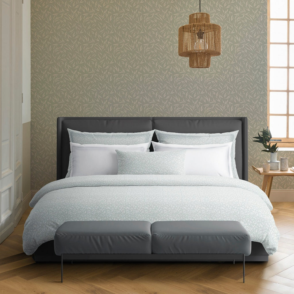 Housse De Couette + Taies D'Oreiller Satin De Coton - Vert - Feuilles D'Olivier