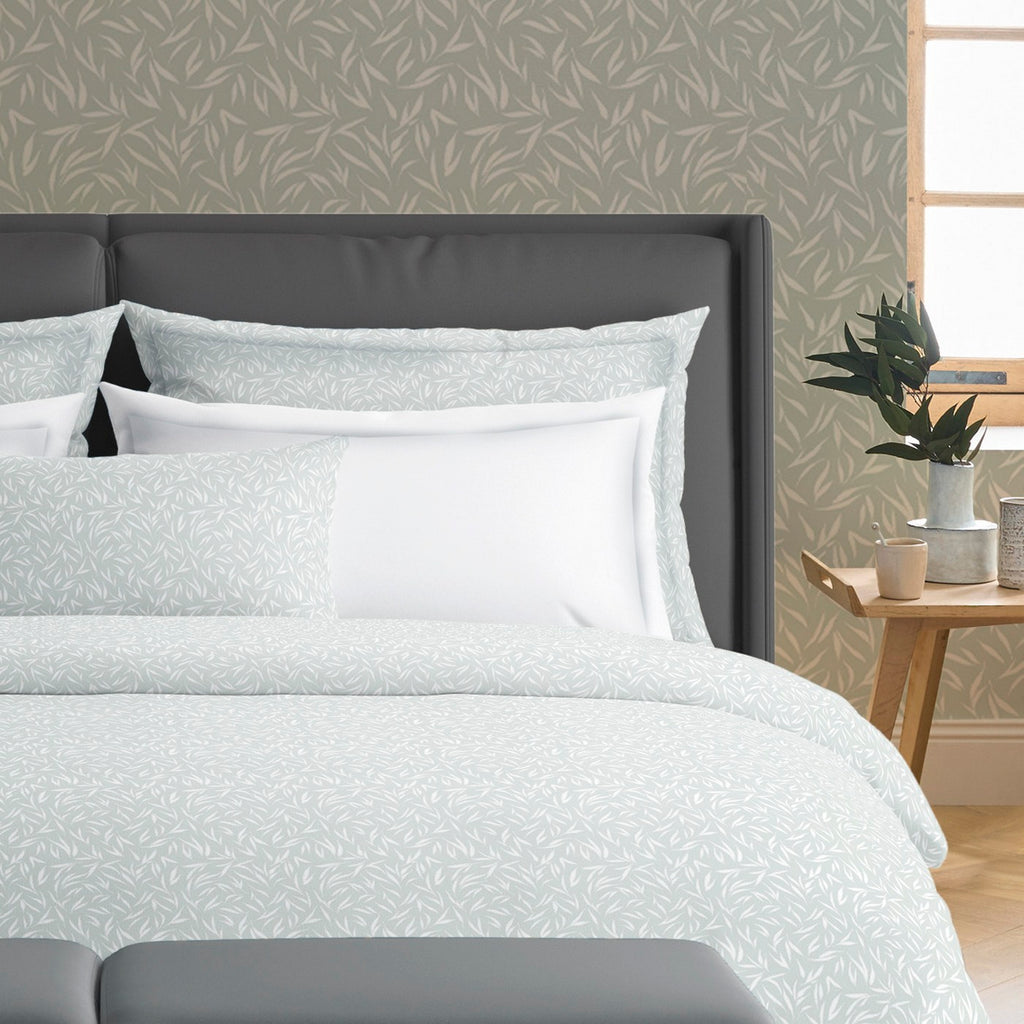 Housse De Couette + Taies D'Oreiller Satin De Coton - Vert - Feuilles D'Olivier