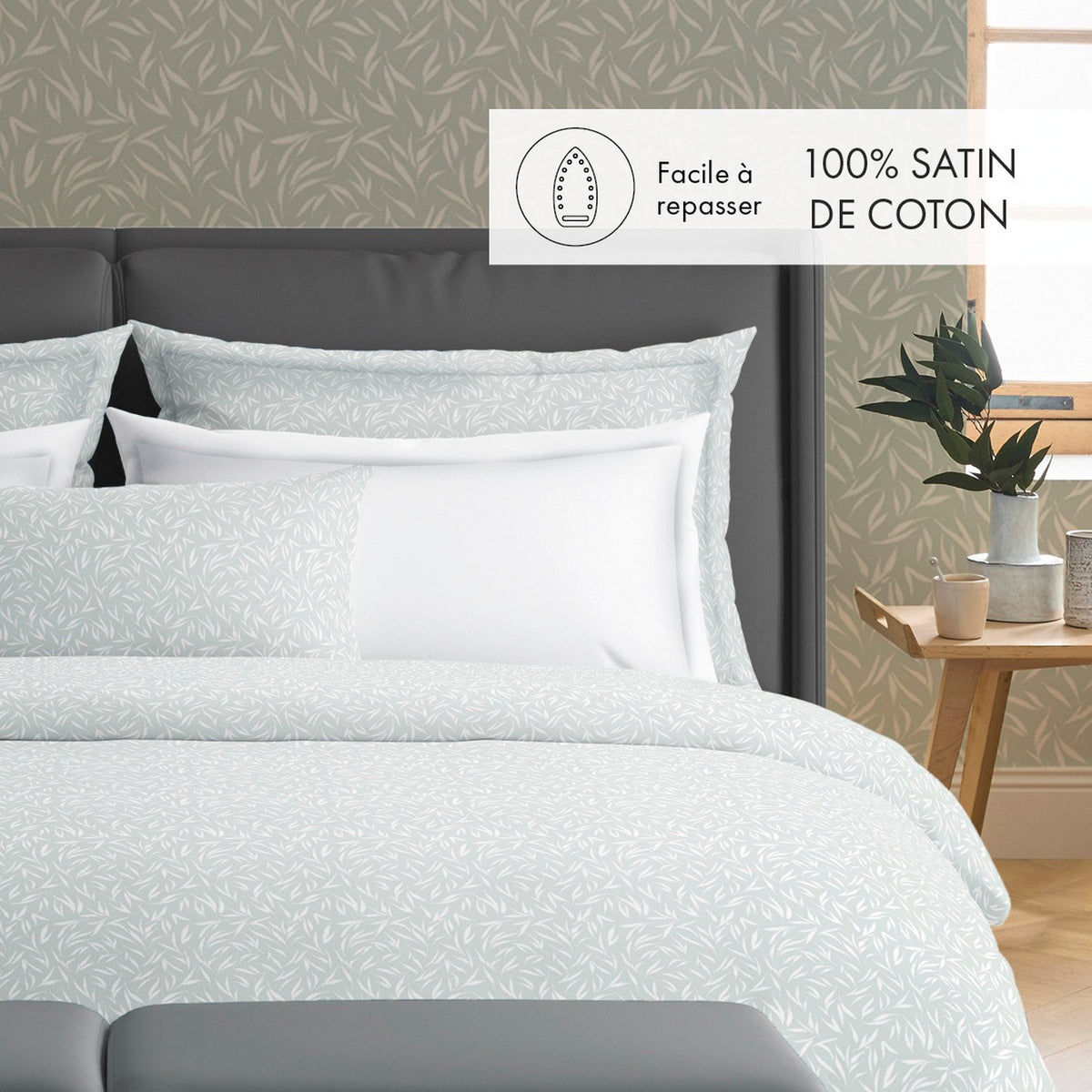 Housse De Couette + Taies D'Oreiller Satin De Coton - Vert - Feuilles D'Olivier